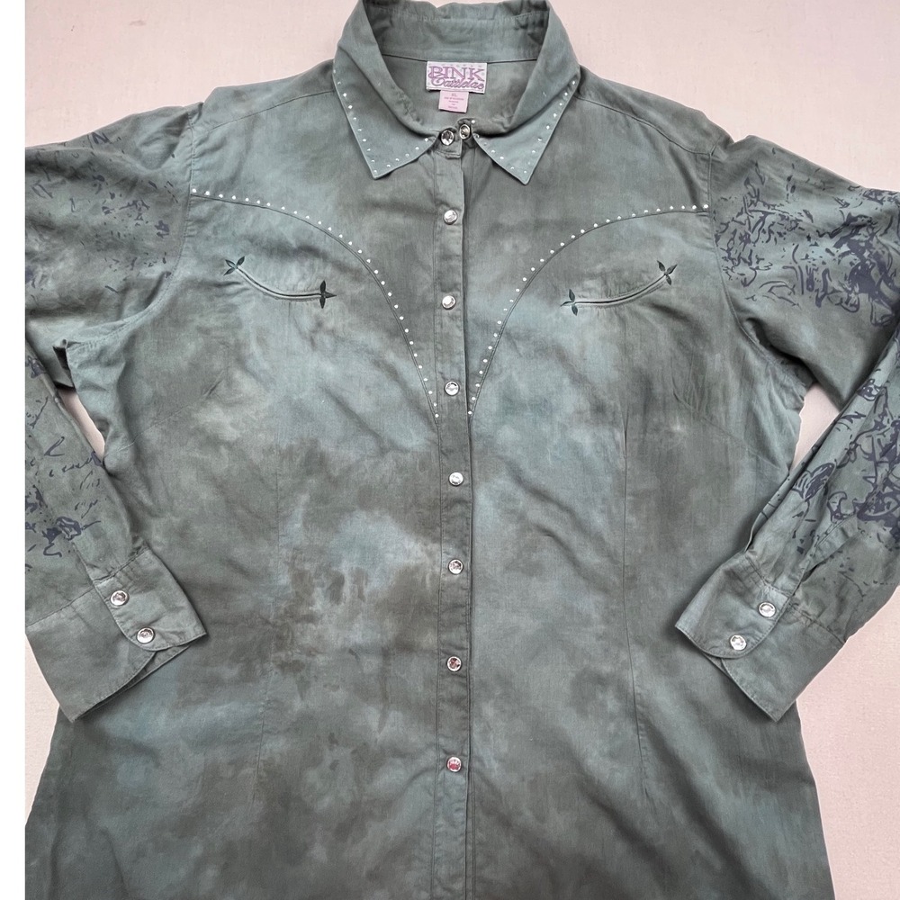 Pink Cattlelac Womens XL Western Shirt Sage Acid Wash Rhinestone Cross Snap